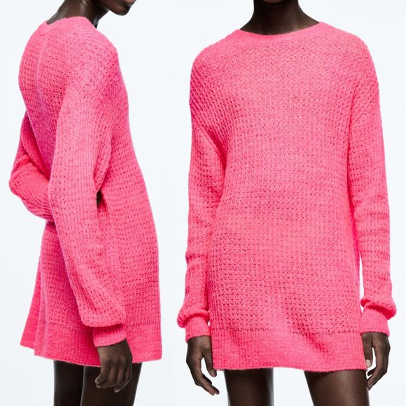 NEW Zara Light Weight Oversized Open Knit Longline Tunic Sweater Neon Pink M - Picture 3 of 9